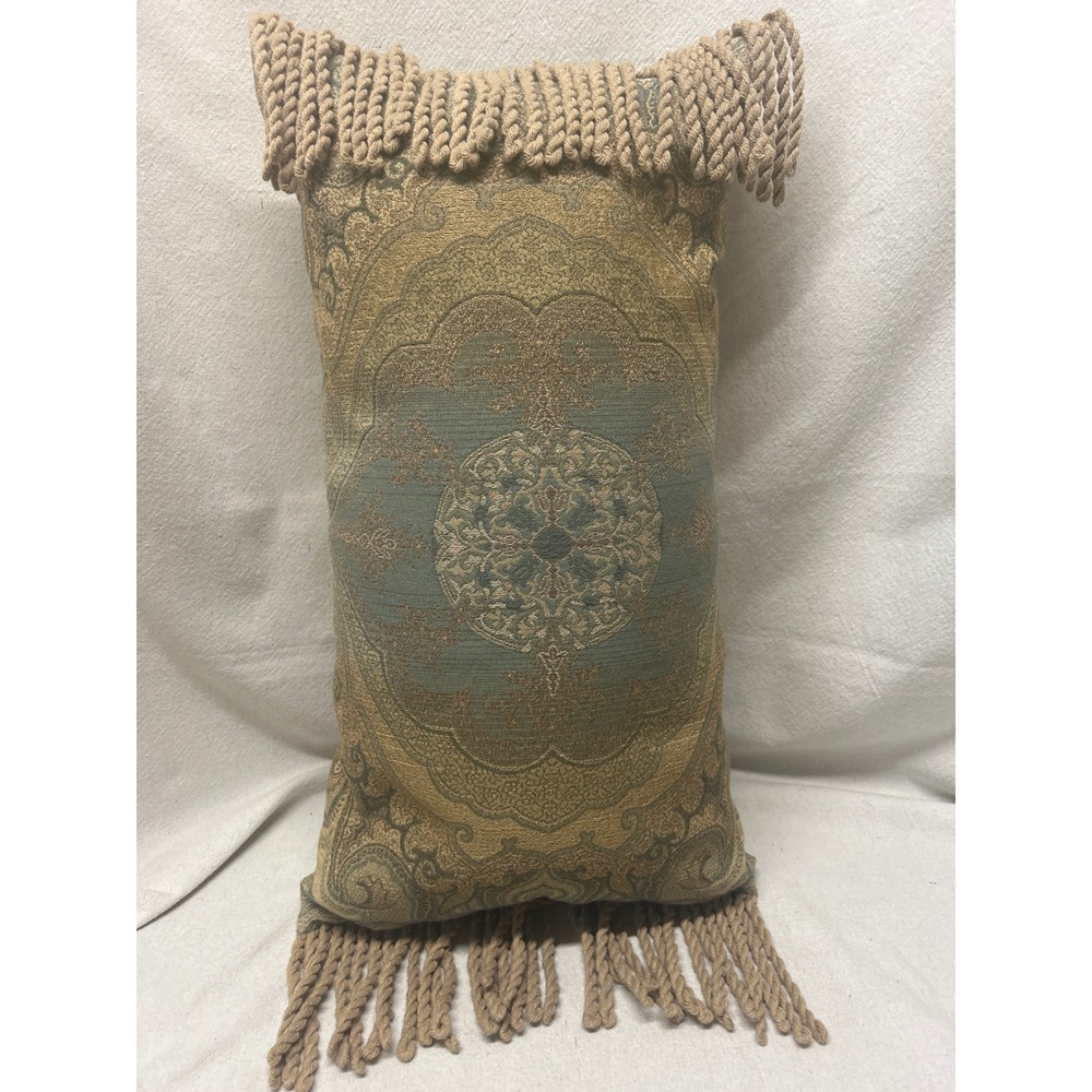 Newport Lumbar Pillow Damask Medallion Sage Gold Tan Rope Fringe Made in USA